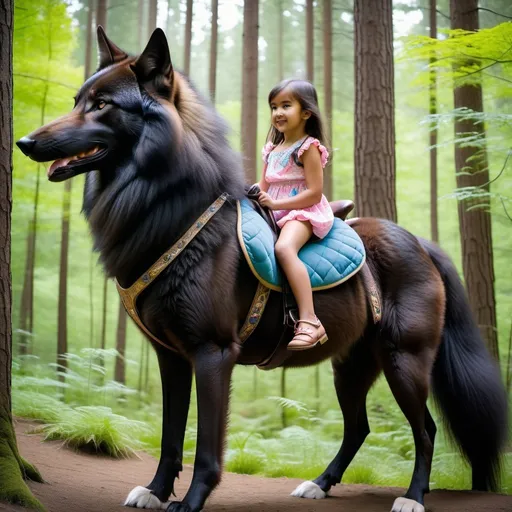 Prompt: young girl mounted atop her giant saddle wolf, riding play, fluffy fur, thick fur, soft fur, warm fur, giant riding steed, wide back, giant head, giant legs, giant body, giant paws, full body shot, side view, very long hair, soft saddle, soft harness, soft bridle, muzzle bit, forest, summer dress,