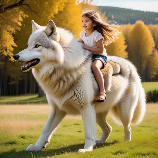 Prompt: young girl mounted atop her giant fluffy wolf, riding fast, fluffy fur, thick fur, soft fur, plush fur, warm fur, giant fluffy steed, wide back, giant head, giant legs, giant body, giant paws, full body shot, side view, very long hair, sunny, warm, grass, field, bit,
