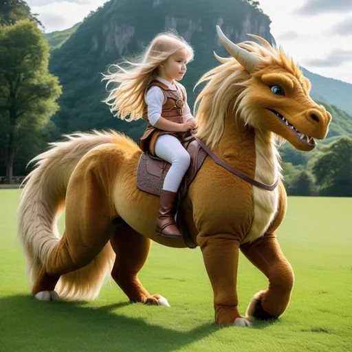 Prompt: a young girl mounted atop her dragon, riding, deep fur, fluffy fur, plush fur, thick fur, soft fur, long fur, warm fur, giant noble steed, wide back, giant head, giant legs, giant body, giant paws, full body shot, side view, very long blonde hair, grass, field, lawn, soft fur harness, soft fur saddle, 