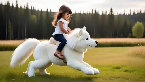 Prompt: small girl mounted atop her giant plush wolf, riding fast, white fur, fluffy fur, thick fur, plush fur, soft fur, warm fur, giant plush steed, wide back, giant head, giant legs, giant body, giant paws, full body shot, side view, very long brown hair, grass, field, pony play,