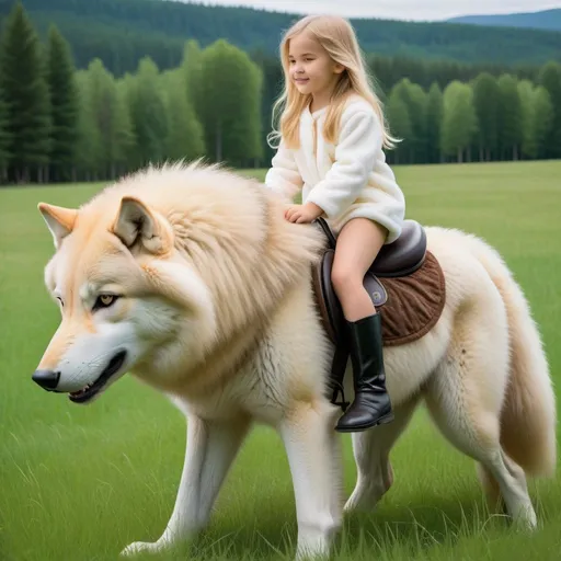 Prompt: a young girl mounted atop her giant wolf mare, riding, deep fur, fluffy fur, plush fur, thick fur, soft fur, long fur, warm fur, giant noble steed, wide back, giant head, giant legs, giant body, giant paws, full body shot, side view, very long blonde hair, grass, field, lawn, plush pajamas,