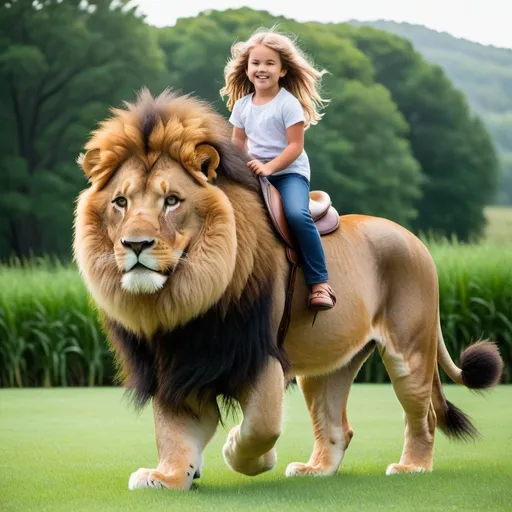 Prompt: a young girl mounted atop her 7 feet tall lion, riding fast, deep fur, fluffy fur, plush fur, thick fur, soft fur, long fur, warm fur, mane, giant riding steed, wide back, giant head, giant legs, giant body, giant paws, full body shot, side view, grass, field, lawn, holding mane,