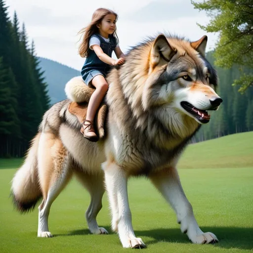 Prompt: a young girl mounted atop her giant wolf, riding hard, deep fur, fluffy fur, plush fur, thick fur, soft fur, long fur, warm fur, giant noble steed, wide back, giant head, giant legs, giant body, giant paws, full body shot, side view, very long hair, grass, field, lawn, faux fur clothes,