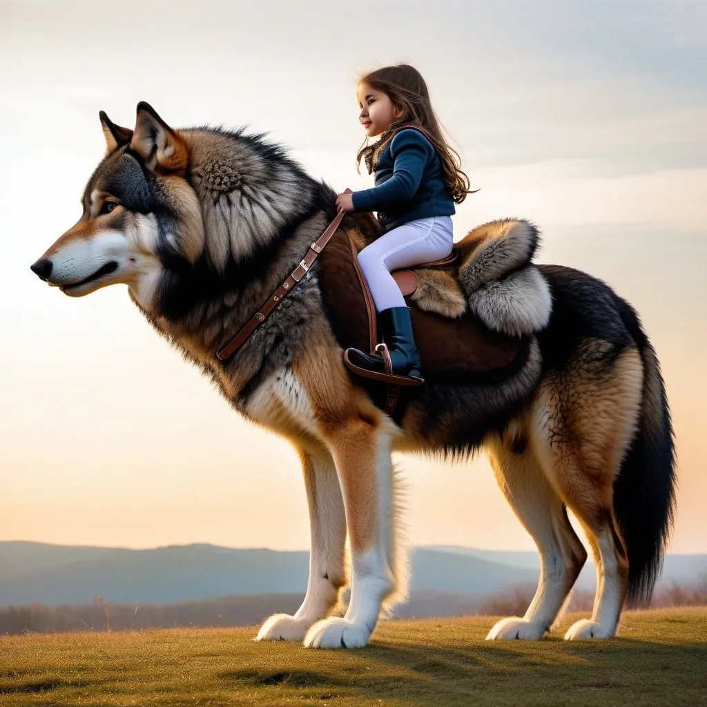 Prompt: small girl mounted atop her giant riding wolf, riding play, fluffy fur, thick fur, plush fur, soft fur, warm fur, giant plush steed, wide back, giant head, giant legs, giant body, giant paws, full body shot, side view, very long hair, stable, harness, soft saddle, bridle, bit,