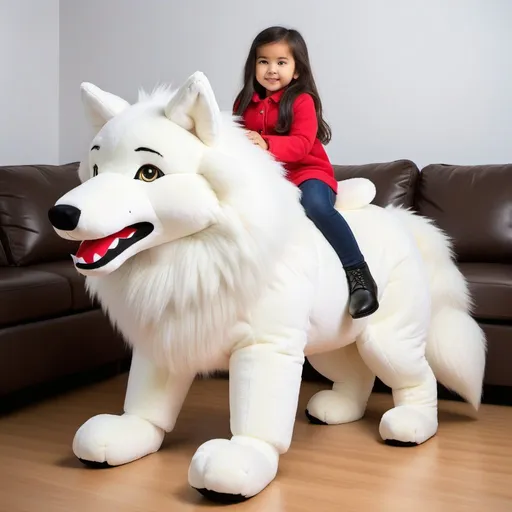 Prompt: small girl mounted atop her giant plush wolf, riding play, fluffy fur, thick fur, plush fur, soft fur, warm fur, giant plush steed, wide back, giant head, giant legs, giant body, giant paws, full body shot, side view, very long hair, 