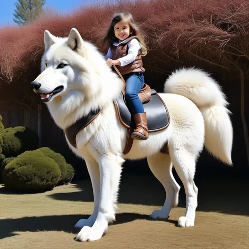 Prompt: small girl mounted atop her giant riding wolf, riding play, fluffy fur, thick fur, plush fur, soft fur, warm fur, giant steed, wide back, giant head, giant legs, giant body, giant paws, full body shot, side view, very long hair, stable, soft harness, bit,