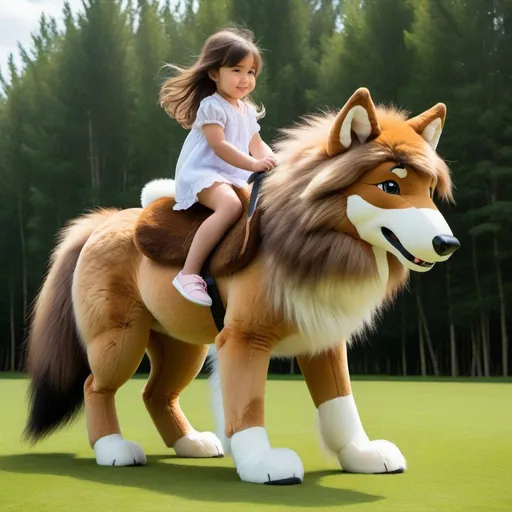 Prompt: a small girl mounted atop her giant wolf, riding, fluffy, thick fur, plush fur, soft fur, soft plush, warm fur, giant plush steed, wide back, giant head, giant legs, giant body, giant paws, full body shot, side view, very long brown hair, field, lawn, pony play, bit, 