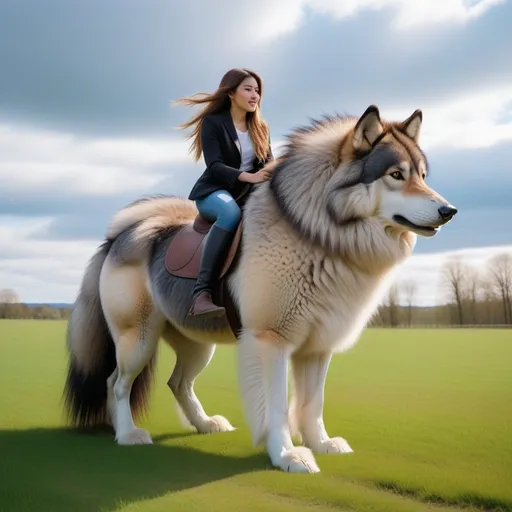 Prompt: a long haired 20 year old girl mounted atop her giant plush wolf pony, riding, fluffy fur, thick fur, soft fur, warm fur, mane, giant riding steed, wide back, giant head, giant legs, giant body, giant paws, full body shot, side view, size difference, grass field, dense fur, 4k fur, fur with depth, oil painting,