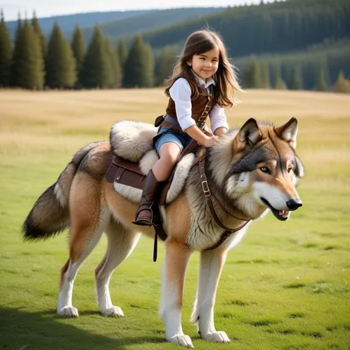 Prompt: a small girl mounted atop her giant wolf, riding, fluffy fur, thick fur, plush fur, soft fur, warm fur, giant riding steed, wide back, giant head, giant legs, giant body, giant paws, full body shot, side view, very long brown hair, grass, field, harness, bit, bridle, reins, fur saddle, 