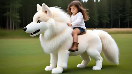 Prompt: small girl mounted atop her giant plush wolf, riding fast, white fur, fluffy fur, thick fur, plush fur, soft fur, warm fur, giant plush steed, wide back, giant head, giant legs, giant body, giant paws, full body shot, side view, very long brown hair, grass, field, pony play,