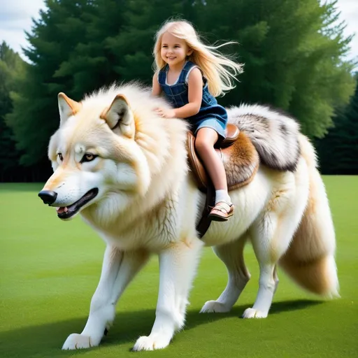 Prompt: a young girl mounted atop her giant fluffy wolf, riding, deep fur, fluffy fur, plush fur, thick fur, soft fur, long fur, warm fur, giant steed, wide back, giant head, giant legs, giant body, giant paws, full body shot, side view, very long blonde hair, grass, field, lawn, fur clothing,