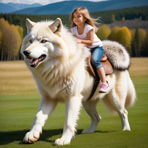 Prompt: young girl mounted atop her giant fluffy wolf, riding fast, fluffy fur, thick fur, soft fur, plush fur, warm fur, giant fluffy steed, wide back, giant head, giant legs, giant body, giant paws, full body shot, side view, very long hair, sunny, warm, grass, field, bit,