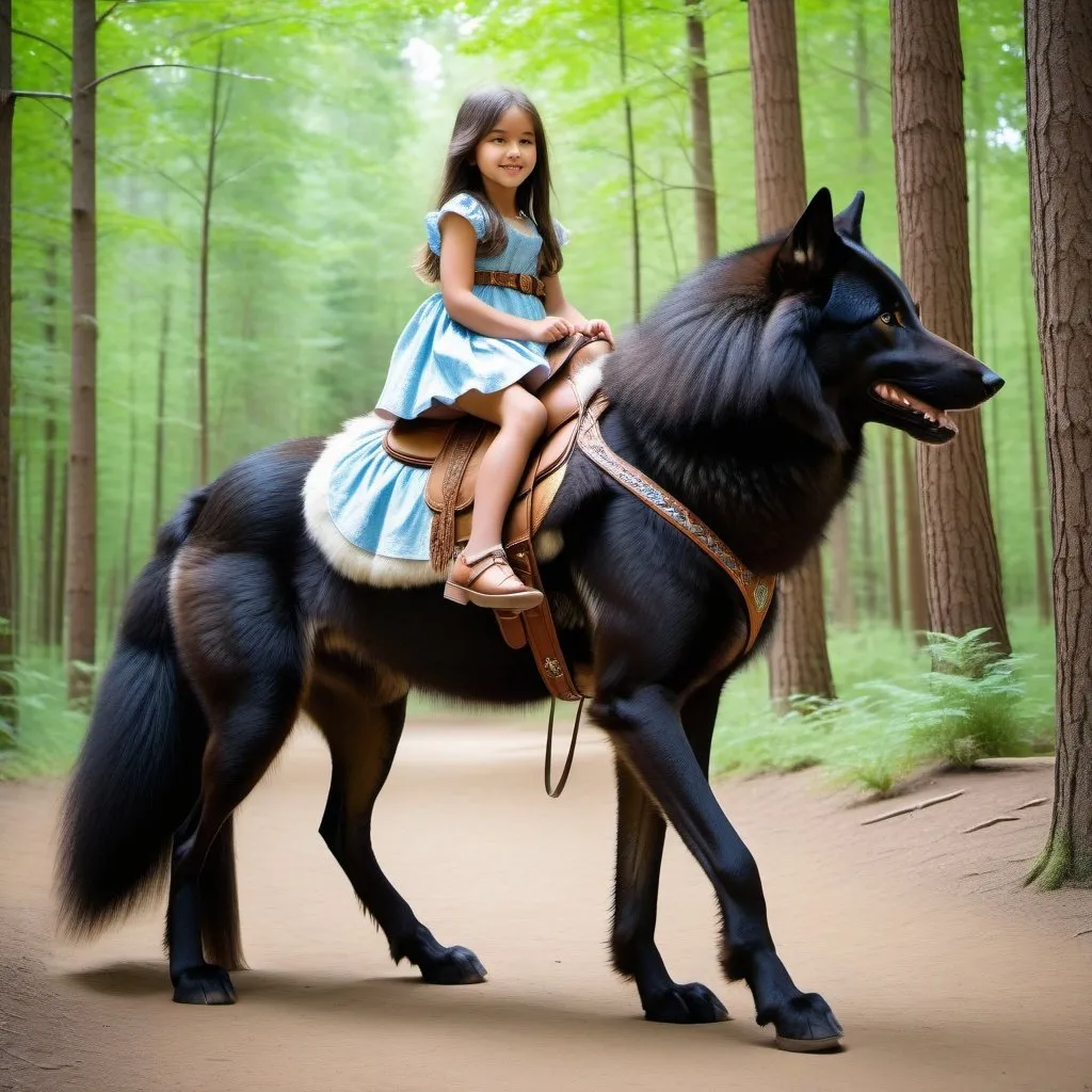 Prompt: young girl mounted atop her giant saddle wolf, riding play, fluffy fur, thick fur, soft fur, warm fur, giant riding steed, wide back, giant head, giant legs, giant body, giant paws, full body shot, side view, very long hair, soft saddle, soft harness, soft bridle, muzzle bit, forest, summer dress,