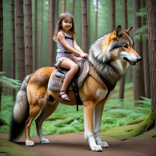 Prompt: young girl mounted atop her giant saddle wolf, riding play, fluffy fur, thick fur, soft fur, long fur, warm fur, giant riding steed, wide back, giant head, giant legs, giant body, giant paws, full body shot, side view, very long hair, soft saddle, soft harness, soft bridle, muzzle bit, forest, fur swimsuit,