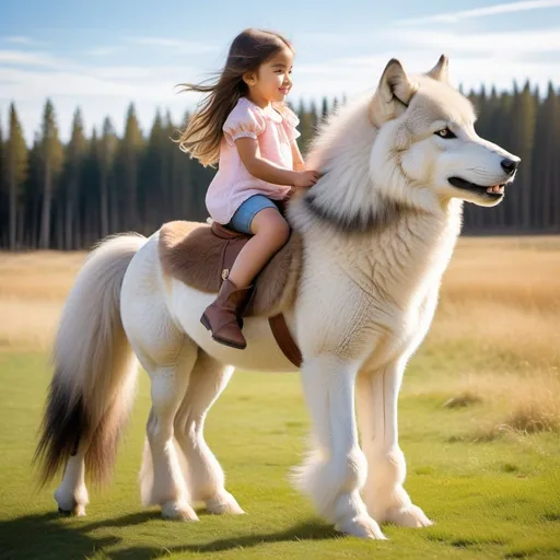 Prompt: small girl mounted atop her giant pony wolf, riding, fluffy fur, thick fur, soft fur, plush fur, warm fur, giant fluffy steed, wide back, giant head, giant legs, giant body, giant paws, full body shot, side view, very long hair, sunny, warm, grass, field, bit,