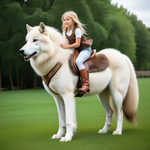 Prompt: a young girl mounted atop her giant wolf mare, riding, deep fur, fluffy fur, plush fur, thick fur, soft fur, long fur, warm fur, giant noble steed, wide back, giant head, giant legs, giant body, giant paws, full body shot, side view, very long blonde hair, grass, field, lawn, soft fur harness, soft fur saddle, 