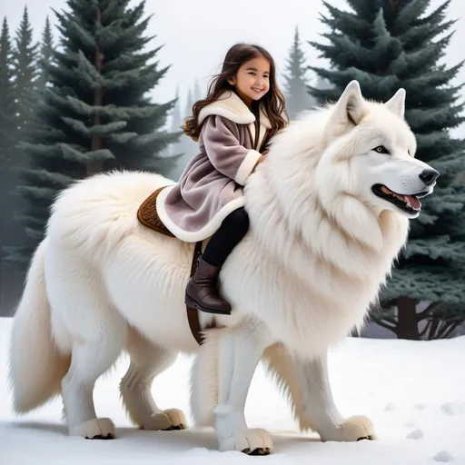 Prompt: little girl mounted atop her giant direwolf, riding, fluffy fur, plush fur, thick fur, soft fur, long fur, warm fur, giant plush steed, wide back, giant head, giant legs, giant body, giant paws, full body shot, side view, very long hair, home, yard, warm fur robe,