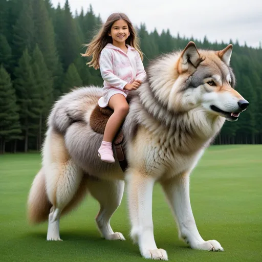 Prompt: a young girl mounted atop her fluffy wolf steed, riding, deep fur, fluffy fur, plush fur, thick fur, soft fur, long fur, warm fur, giant noble steed, wide back, giant head, giant legs, giant body, giant paws, full body shot, side view, very long hair, grass, field, lawn, plush pajamas,