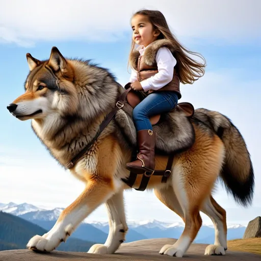 Prompt: small girl mounted atop her giant riding wolf, riding play, fluffy fur, thick fur, plush fur, soft fur, warm fur, giant steed, wide back, giant head, giant legs, giant body, giant paws, full body shot, side view, very long hair, stable, soft harness, bit,