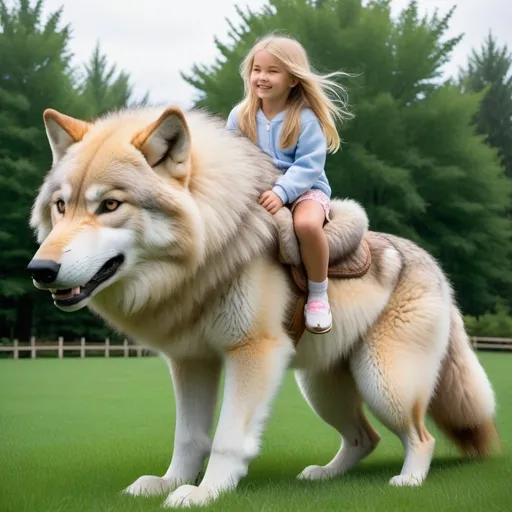 Prompt: a young girl mounted atop her 7 feet tall wolf, riding, deep fur, fluffy fur, plush fur, thick fur, soft fur, long fur, warm fur, giant noble steed, wide back, giant head, giant legs, giant body, giant paws, full body shot, side view, very long blonde hair, grass, field, lawn, plush pajamas,