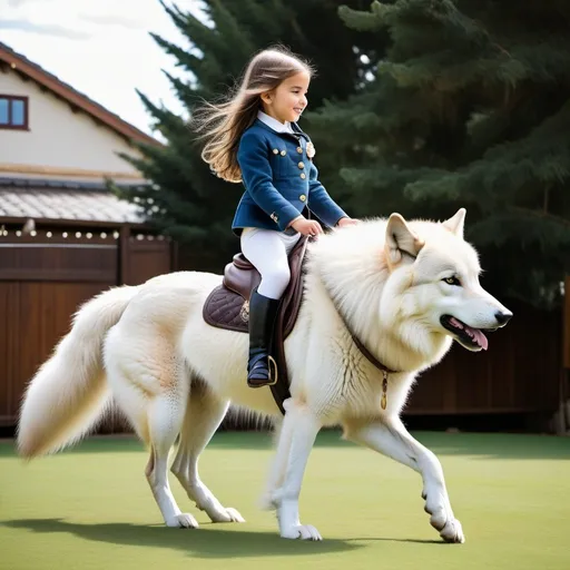Prompt: small girl mounted atop her giant canine wolf, riding play, dressage, fluffy fur, thick fur, plush fur, soft fur, warm fur, giant riding steed, wide back, giant head, giant legs, giant body, giant paws, full body shot, side view, very long hair, stable, yard, bit,