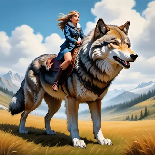 Prompt: short girl mounted atop her 2 meter tall giant wolf, riding, fluffy fur, thick fur, soft fur, warm fur, mane, giant riding steed, wide back, giant head, giant legs, giant body, giant paws, full body shot, side view, field, dense fur, 4k fur, fur with depth, oil painting,