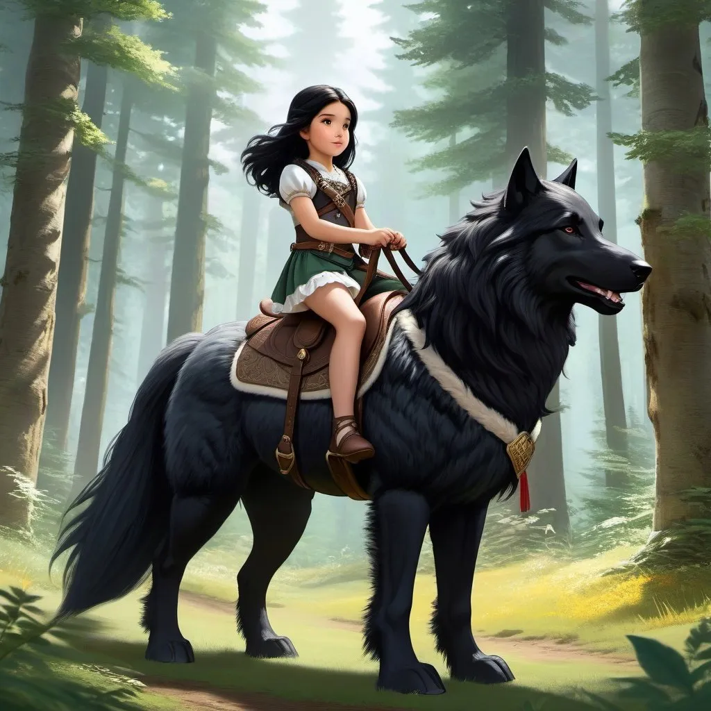 Prompt: small girl mounted atop her giant direwolf, riding play, fluffy fur, thick fur, soft fur, warm fur, giant riding steed, wide back, giant head, giant legs, giant body, giant paws, full body shot, side view, very long black hair, soft saddle, soft harness, soft bridle, muzzle bit, forest, summer dress,
