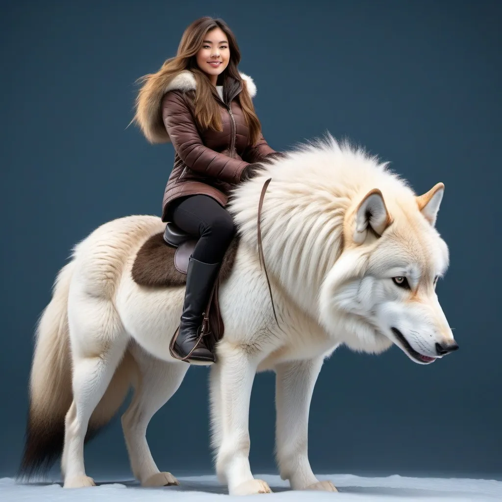 Prompt: a long haired 21 year old girl mounted atop her gigantic wolf pony, riding, fluffy fur, thick fur, soft fur, warm fur, mane, giant riding steed, wide back, giant head, giant legs, giant body, giant paws, full body shot, side view, size difference, dense fur, 4k fur, fur with depth,