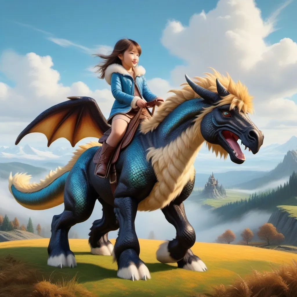 Prompt: a short girl mounted atop her 2 meter tall giant dragon pony, riding, fluffy fur, thick fur, soft fur, warm fur, mane, giant riding steed, wide back, giant head, giant legs, giant body, giant paws, full body shot, side view, field, dense fur, 4k fur, fur with depth, oil painting,