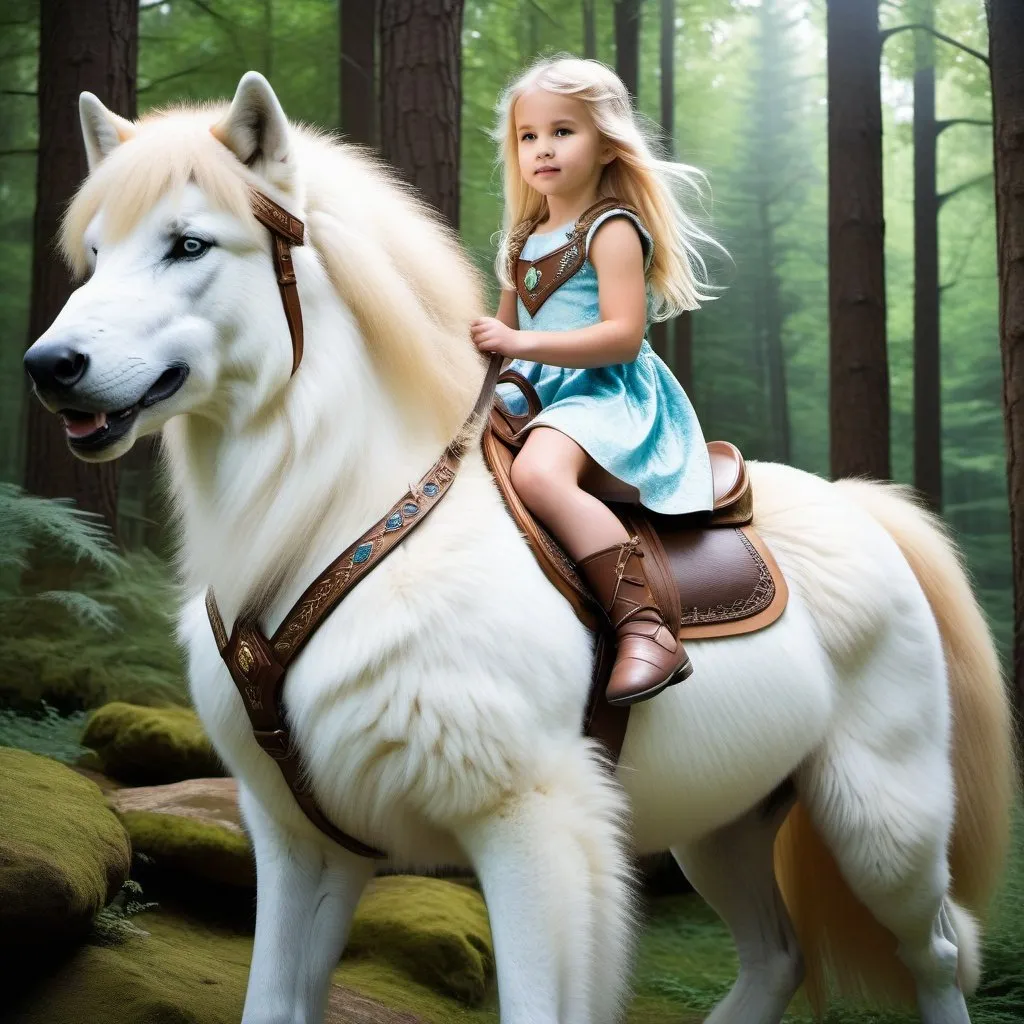 Prompt: small girl mounted atop her giant direwolf, riding play, fluffy fur, thick fur, soft fur, warm fur, giant riding steed, wide back, giant head, giant legs, giant body, giant paws, full body shot, side view, very long blonde hair, soft saddle, soft harness, soft bridle, forest, summer dress,