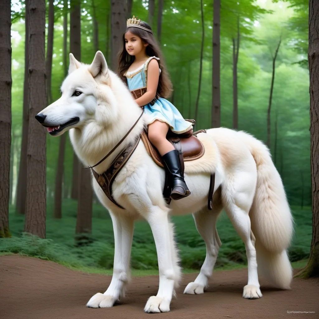 Prompt: young princess mounted atop her giant saddle wolf, riding play, fluffy fur, thick fur, soft fur, long fur, warm fur, giant riding steed, wide back, giant head, giant legs, giant body, giant paws, full body shot, side view, very long hair, soft saddle, soft harness, soft bridle, muzzle bit, forest, summer dress,