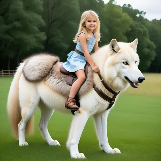 Prompt: a young girl mounted atop her giant wolf mare, riding, deep fur, fluffy fur, plush fur, thick fur, soft fur, long fur, warm fur, giant plush steed, wide back, giant head, giant legs, giant body, giant paws, full body shot, side view, very long blonde hair, grass, field, lawn, plush bound harness, soft child saddle,