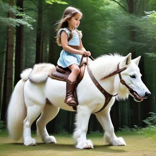 Prompt: small girl mounted atop her giant direwolf, riding play, fluffy fur, thick fur, soft fur, warm fur, giant riding steed, wide back, giant head, giant legs, giant body, giant paws, full body shot, side view, very long hair, soft saddle, soft harness, soft bridle, muzzle bit, forest, summer dress,