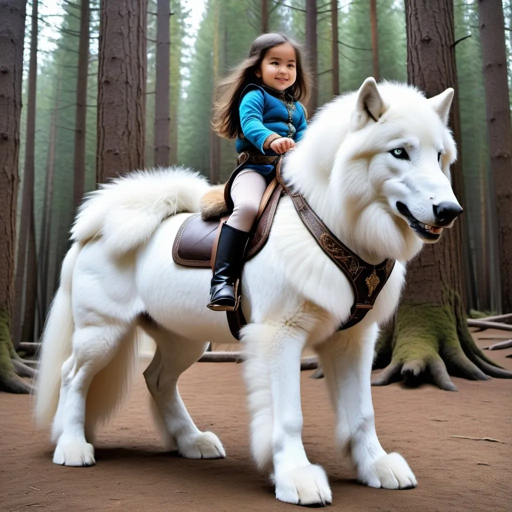 Prompt: small girl mounted atop her giant direwolf, riding play, fluffy fur, thick fur, soft fur, warm fur, giant riding steed, wide back, giant head, giant legs, giant body, giant paws, full body shot, side view, very long hair, soft saddle, soft harness, soft bridle, forest,