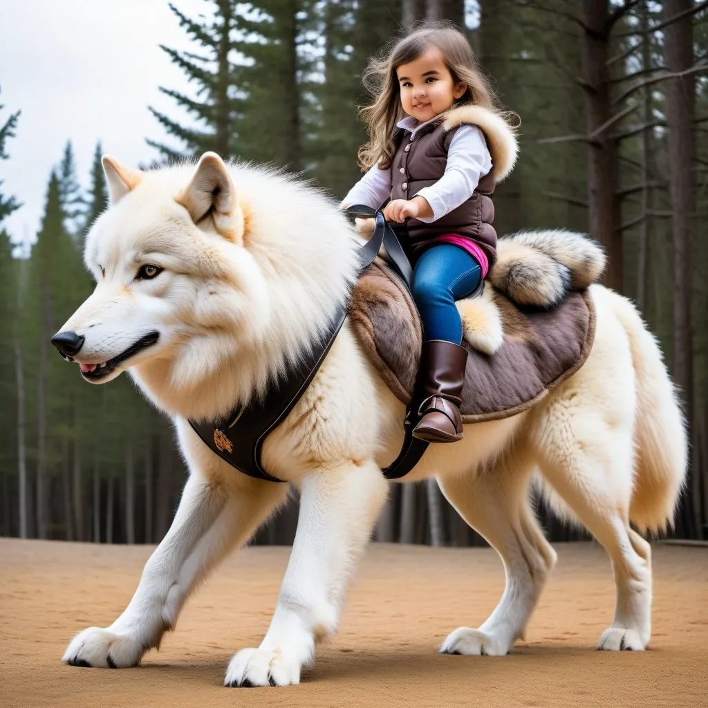 Prompt: small girl mounted atop her giant riding wolf, riding play, fluffy fur, thick fur, plush fur, soft fur, warm fur, giant steed, wide back, giant head, giant legs, giant body, giant paws, full body shot, side view, very long hair, stable, soft harness, bit,