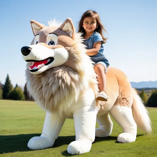 Prompt: small child mounted atop her giant plush wolf, riding, fluffy fur, thick fur, soft fur, soft plush, plush fur, warm fur, giant plush steed, wide back, giant head, giant legs, giant body, giant paws, full body shot, side view, very long hair, grass, field,