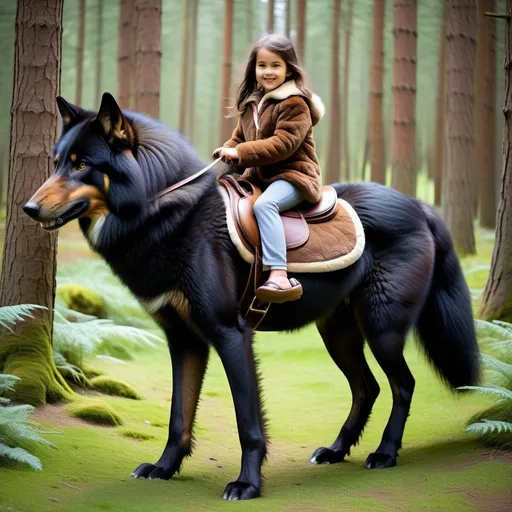 Prompt: young girl mounted atop her giant saddle wolf, riding hard, fluffy fur, thick fur, soft fur, long fur, warm fur, giant riding steed, wide back, giant head, giant legs, giant body, giant paws, full body shot, side view, very long hair, soft saddle, soft harness, soft bridle, muzzle bit, forest, long fur pajamas,
