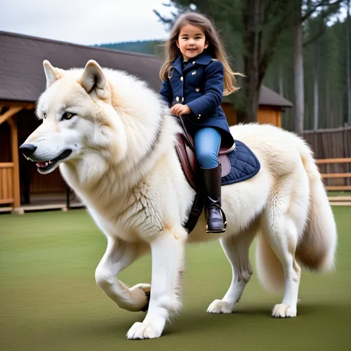 Prompt: small girl mounted atop her giant canine wolf, riding play, dressage, fluffy fur, thick fur, plush fur, soft fur, warm fur, giant riding steed, wide back, giant head, giant legs, giant body, giant paws, full body shot, side view, very long hair, stable, yard, bit,
