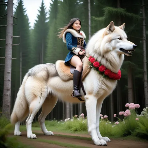 Prompt: short girl mounted atop her 2 meter tall giant wolf, riding, fluffy fur, thick fur, soft fur, warm fur, mane, giant riding steed, wide back, giant head, giant legs, giant body, giant paws, full body shot, side view, forest, flowers, bridle with reins,