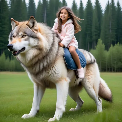 Prompt: a young girl mounted atop her giant wolf, riding hard, deep fur, fluffy fur, plush fur, thick fur, soft fur, long fur, warm fur, giant noble steed, wide back, giant head, giant legs, giant body, giant paws, full body shot, side view, very long hair, grass, field, lawn, faux fur pajamas,