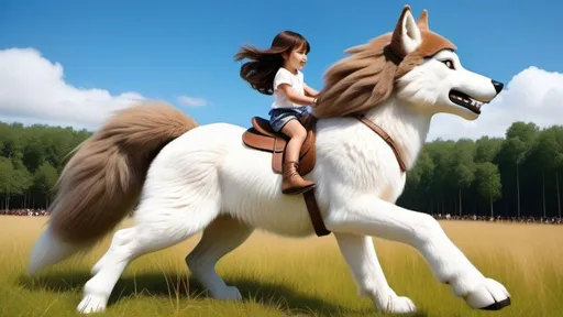 Prompt: small girl mounted atop her giant wolf, riding fast, white fur, fluffy fur, thick fur, plush fur, soft fur, warm fur, giant riding steed, wide back, giant head, giant legs, giant body, giant paws, full body shot, side view, very long brown hair, grass, field, pony play,