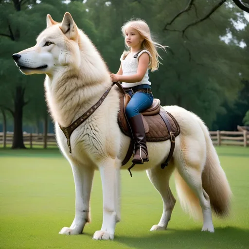 Prompt: a young girl mounted atop her giant wolf mare, riding, deep fur, fluffy fur, plush fur, thick fur, soft fur, long fur, warm fur, giant steed, wide back, giant head, giant legs, giant body, giant paws, full body shot, side view, very long blonde hair, grass, field, lawn, latex bound harness, soft saddle,