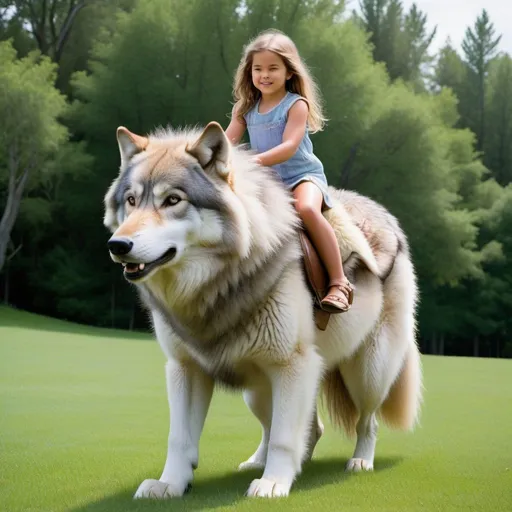 Prompt: a young girl mounted atop her 7 feet tall riding wolf, riding, deep fur, fluffy fur, plush fur, thick fur, soft fur, long fur, warm fur, mane, giant riding steed, wide back, giant head, giant legs, giant body, giant paws, full body shot, side view, grass, field, lawn, holding mane,