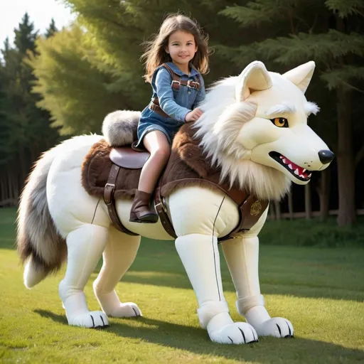 Prompt: young girl mounted atop her giant plush wolf, riding, fluffy fur, thick fur, soft fur, plush fur, warm fur, giant plush steed, wide back, giant head, giant legs, giant body, giant paws, full body shot, side view, very long hair, sunny, warm, grass, field, reins, bridle, bit, fur saddle, fur harness,