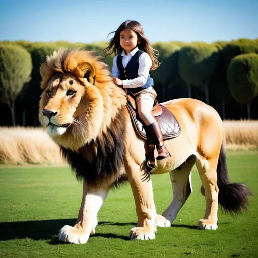 Prompt: a small girl mounted atop her giant lion, riding, fluffy fur, thick fur, plush fur, soft fur, warm fur, giant riding steed, wide back, giant head, giant legs, giant body, giant paws, full body shot, side view, very long hair, grass, field, soft harness, bit, bridle, reins, soft saddle, 