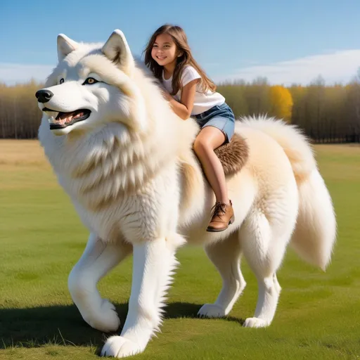 Prompt: young girl mounted atop her giant fluffy wolf, riding, fluffy fur, thick fur, soft fur, plush fur, warm fur, giant plush steed, wide back, giant head, giant legs, giant body, giant paws, full body shot, side view, very long hair, sunny, warm, grass, field, bit,