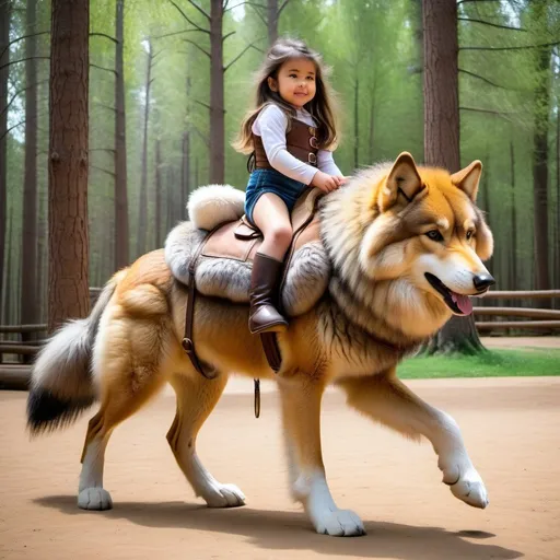 Prompt: small girl mounted atop her giant riding wolf, riding play, fluffy fur, thick fur, plush fur, soft fur, warm fur, giant plush steed, wide back, giant head, giant legs, giant body, giant paws, full body shot, side view, very long hair, stable, soft harness, bit,