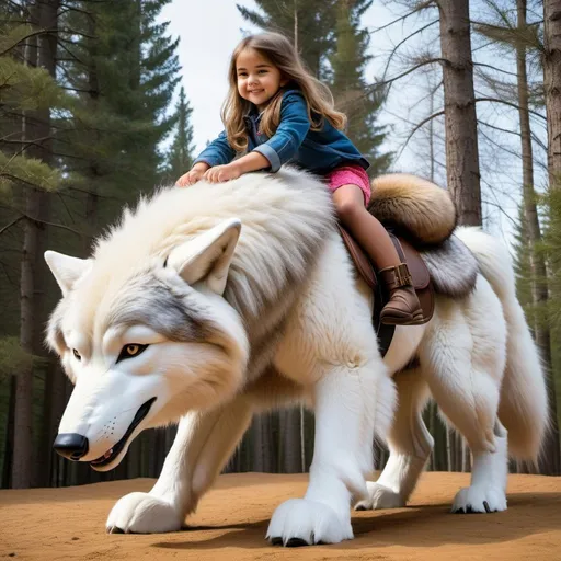 Prompt: small girl mounted atop her giant riding wolf, riding play, fluffy fur, thick fur, plush fur, soft fur, warm fur, giant steed, wide back, giant head, giant legs, giant body, giant paws, full body shot, side view, very long hair, metal bit,