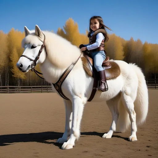 Prompt: small girl mounted atop her giant wolf pony, riding play, fluffy fur, thick fur, plush fur, soft fur, warm fur, giant riding steed, wide back, giant head, giant legs, giant body, giant paws, full body shot, side view, very long hair, stable, harness, soft saddle, bridle, bit,