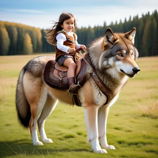 Prompt: a small girl mounted atop her giant wolf, riding, fluffy fur, thick fur, plush fur, soft fur, warm fur, giant riding steed, wide back, giant head, giant legs, giant body, giant paws, full body shot, side view, very long brown hair, grass, field, harness, bit, bridle, reins, fur saddle, 